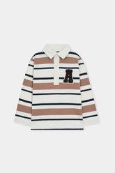 Striped Long-Sleeve Polo Shirt with Letter Patch