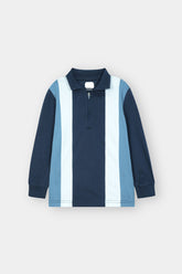 "Boys’ Long-Sleeve Polo – Navy & Blue Vertical Stripes with Half-Zip"