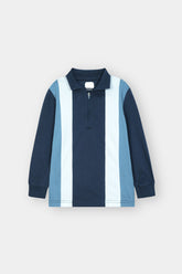"Boys’ Long-Sleeve Polo – Navy & Blue Vertical Stripes with Half-Zip"