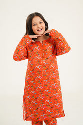 "Blossom Joy - Girls Printed Kurti Set in Bright Orange"