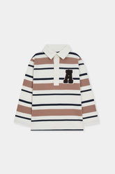 Striped Long-Sleeve Polo Shirt with Letter Patch