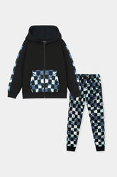 Stylish Black Hoodie and Jogger Set with Blue Checkered Accents