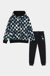 Tie-Dye Checkerboard Zip Hoodie & Jogger Set – Black & Mint