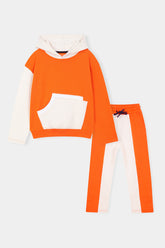 Bold & Bright Colorblock Hoodie Set – Orange & White drop shoulder
