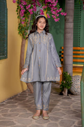 Grey Embroidered Girls Kurta Trouser Set