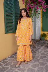 Mustard Printed Girls Kurta Sharara Set