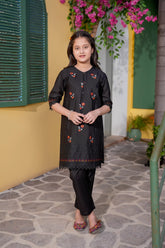 Black Embroidered Girls Kurta Trouser Set