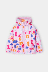Kids' Alphabet Print Hooded Puffer Jacket – Pink Multicolor