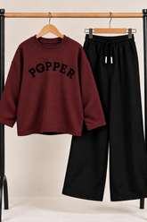 Girls Maroon POPPER Printed Sweatshirt & Black Wide-Leg Trouser Set