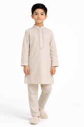 Boys Light Beige Embroidered Kurta Pajama Set