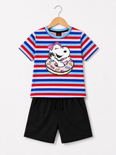 Snoopy Printed Striped T-Shirt with Black Jersey Shorts Set for Kids