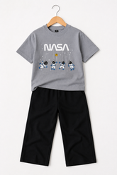 Kids Grey NASA Graphic T-Shirt with Black Wide-Leg Trousers