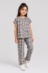 Girls Grey Cat Print Cotton Night Suit Set