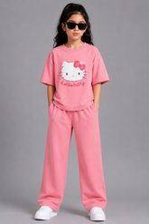 Girls Pink Hello Kitty Graphic Co-Ord Set Oversized T-Shirt & Wide-Leg Trousers