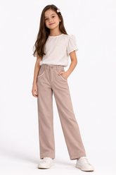 Girls Dusty Pink Cotton Pants with Lace Pocket