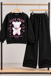 Black Cute Bear Fleece Co-Ord Set for Girls