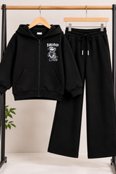 Girls Black BAORVD Teddy Bear Zip-Up Hoodie & Wide-Leg Trouser Set