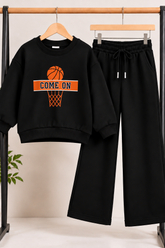 Kids Black Basketball Printed Sweatshirt & Wide-Leg Trouser Set