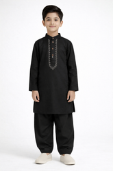 Boys Black Embroidered Kurta Pajama Set