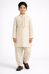 Premium Boys Cream Embroidered Kurta Pajama Set