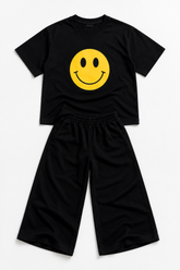 Smiley Face Black Drop-Shoulder T-Shirt & Baggy Pants Set