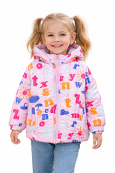 Girls Alphabet Print Hooded Puffer Jacket – Pink Multicolor
