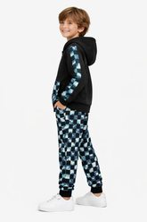 Stylish Black Hoodie and Jogger Set with Blue Checkered Accents For Boys