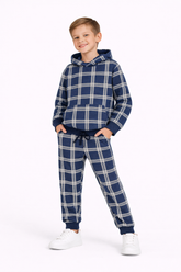 Boys Navy Blue Plaid Hoodie & Jogger Set