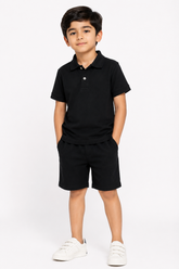Kids Black Classic Polo Shirt With Shorts