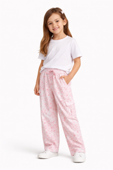 Girls Pink Floral Cotton Pants with Elastic Waist
