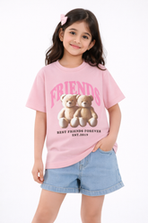 Kids Pink Cotton T-Shirt with Teddy Bear Friends Graphic Print