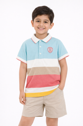 Kids Multicolor Striped Cotton Polo Shirt with Embroidered Badge