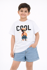 Kids White Cotton T-Shirt with Cool Bear Graphic Print