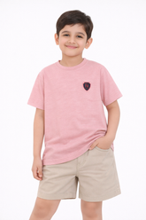Kids Pink Cotton T-Shirt with Embroidered Chest Badge