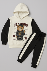 Kids Street Style Bear Hoodie & Track Pant Set – Black & White