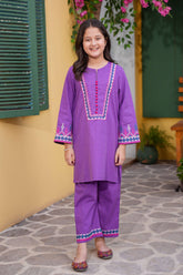 Purple Printed Girls Kurta Trouser Set