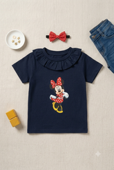 Girls' Navy Blue Minnie Mouse Ruffle Neck Cotton T-Shirt
