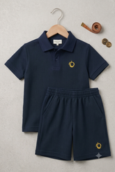 Kids Navy Blue Textured Polo Shirt With shorts