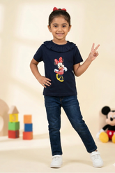 Girls' Navy Blue Minnie Mouse Ruffle Neck Cotton T-Shirt