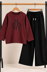 Girls Burgundy M EON MT Printed Oversized Sweatshirt & Black Wide-Leg Trouser Set
