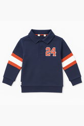 kids Navy Blue Polo Sweatshirt with Striped Sleeves & Number Print