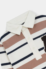 Striped Long-Sleeve Polo Shirt with Letter Patch