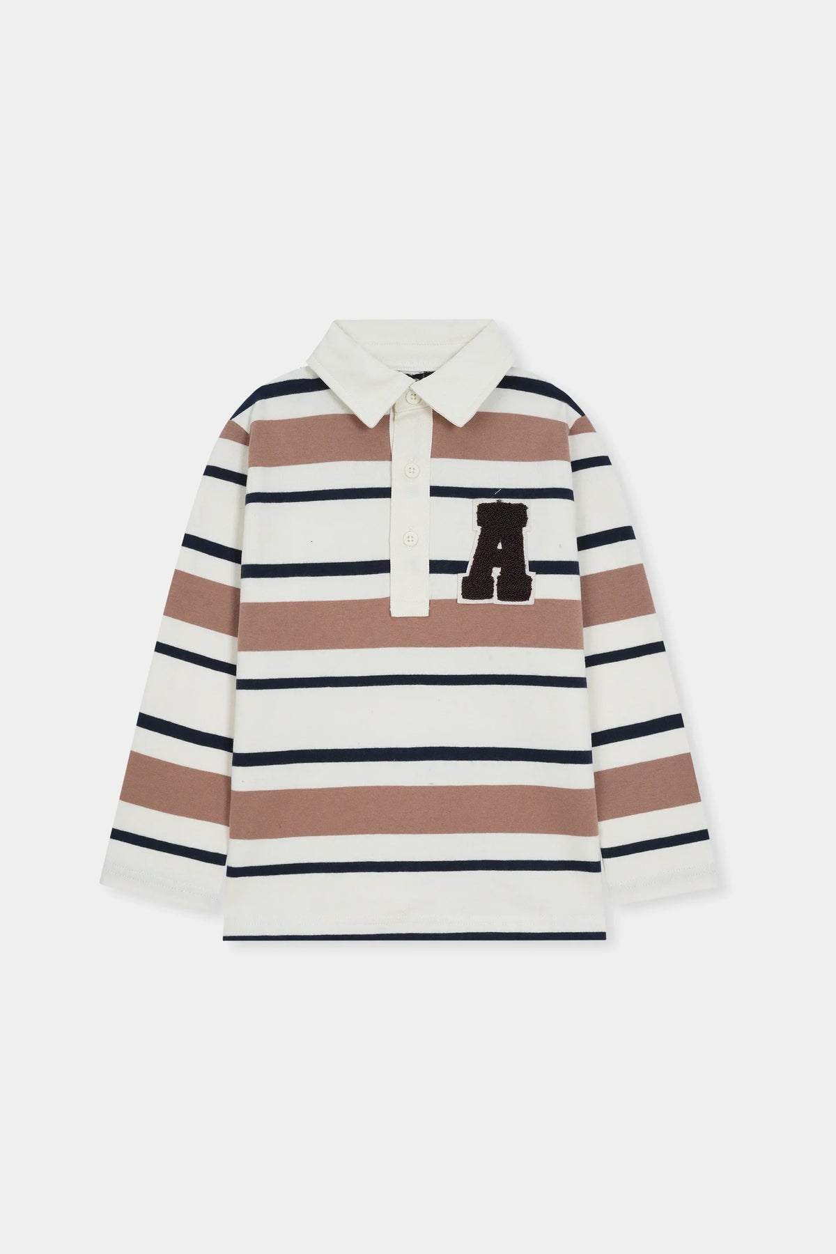 Striped Long-Sleeve Polo Shirt with Letter Patch