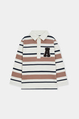Striped Long-Sleeve Polo Shirt with Letter Patch