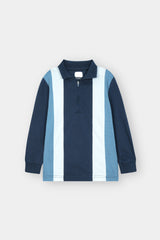 "Boys’ Long-Sleeve Polo – Navy & Blue Vertical Stripes with Half-Zip"