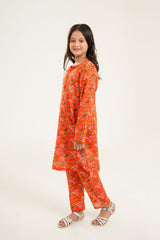 "Blossom Joy - Girls Printed Kurti Set in Bright Orange"