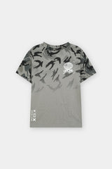 Kids Grey Camouflage Print Cotton T-Shirt with Graphic Logo