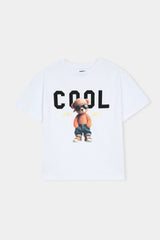 Kids White Cotton T-Shirt with Cool Bear Graphic Print