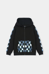 Stylish Black Hoodie and Jogger Set with Blue Checkered Accents For Boys