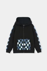 Stylish Black Hoodie and Jogger Set with Blue Checkered Accents For Boys